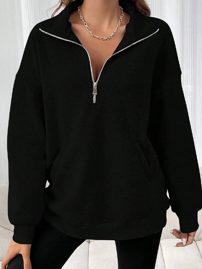 Comely Fashion – wholesale Sweatshirt - Dam – Vanlig tröja med känguruficka med halv dragkedja3