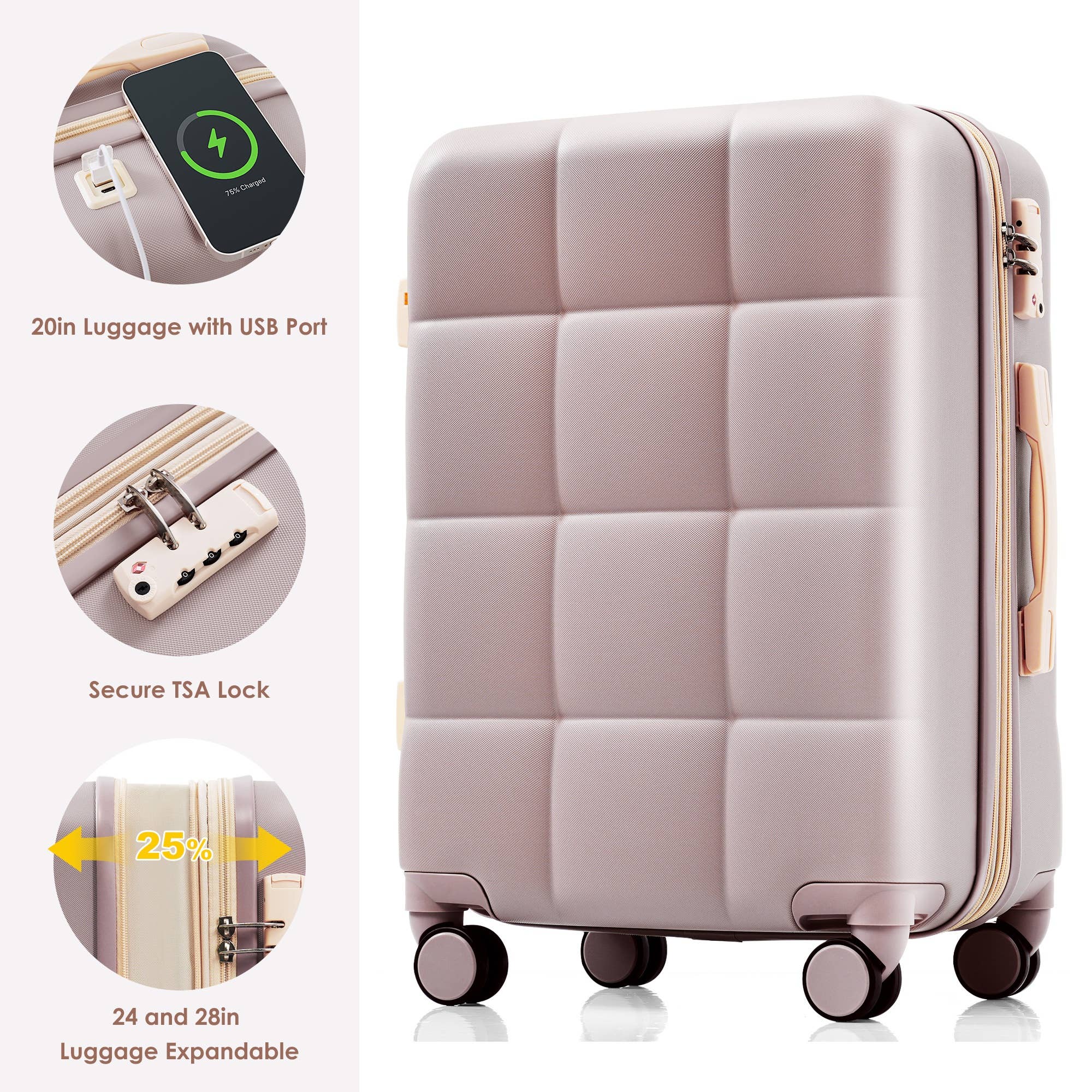 VTNG50 - Wholesale Luggage - Luggage Sets 4 Piece, 20-Inch with USB Port, Expandable ABS61