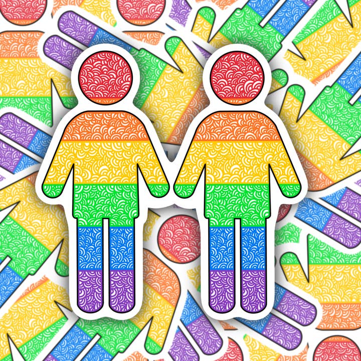 Autocollant simple imperméable Rainbow Doodled Gay Boys | Autocollant LGBT | Autocollant gay | Autocollant Love Is Love pour la vente par Stand Tall and Create