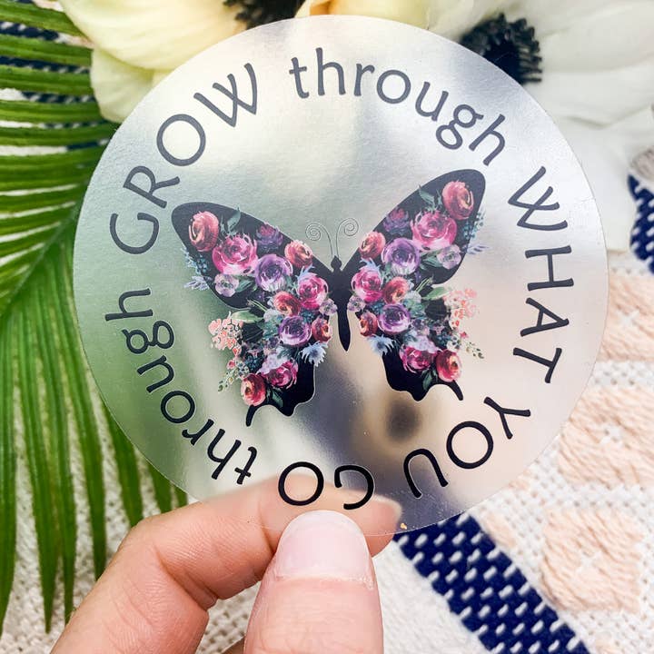 Fjäril växa genom klar, Vinyl klistermärke 3x3 i. för wholesale av Savannah and James Co