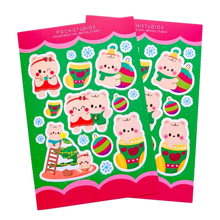 Colorful Happy Holidays Christmas Matte Vinyl Sticker Sheet for wholesale by Pochistudios