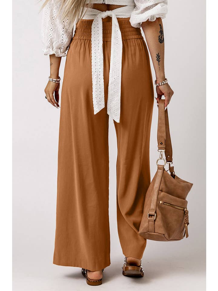 Brown Drawstring Elastic Waist Casual Wide Leg Pants for wholesale on Faire