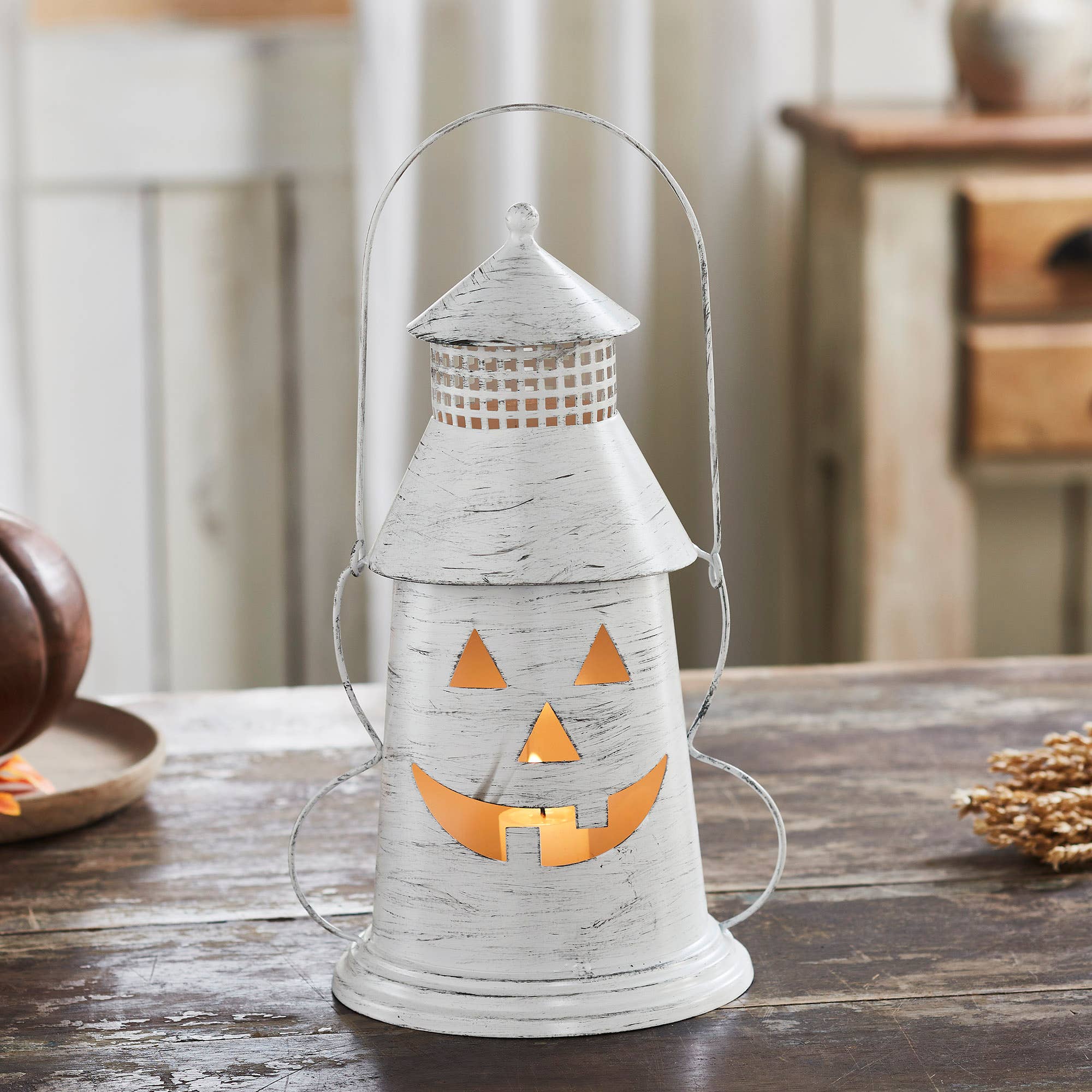 VHC Brands - Wholesale Candle Holder - Antique White Distressed Halloween Decorative Metal Lantern Spooky Tealight Candle Holder Fall Seasonal Home Accent 12x8x60