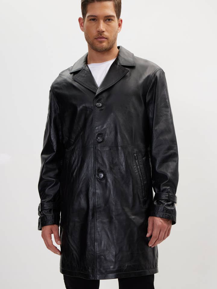 Men's Enforcer'S Belted Leather Trench Coat - Black for wholesale by Ron Tomson