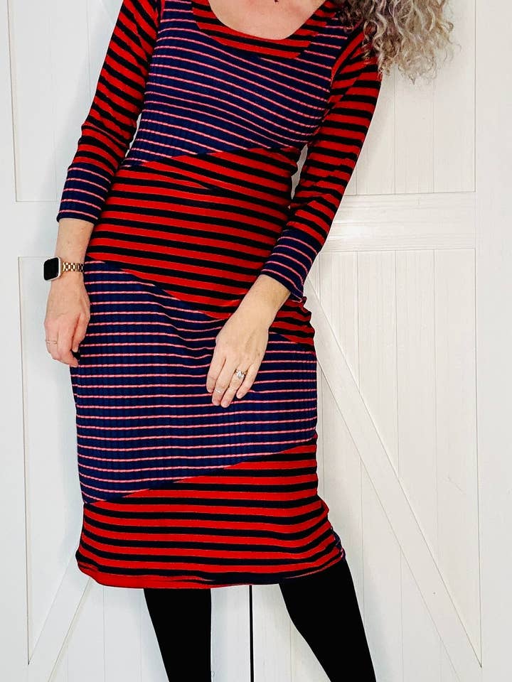 Aerial Clothing sRQ - Wholesale Dress - Women's - Red and Navy Striped Pencil Dress1