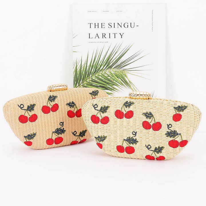 Embroidery Cherry Faux Straw Clutch Bag for wholesale by 3AM BY H&D ACCESSORIES