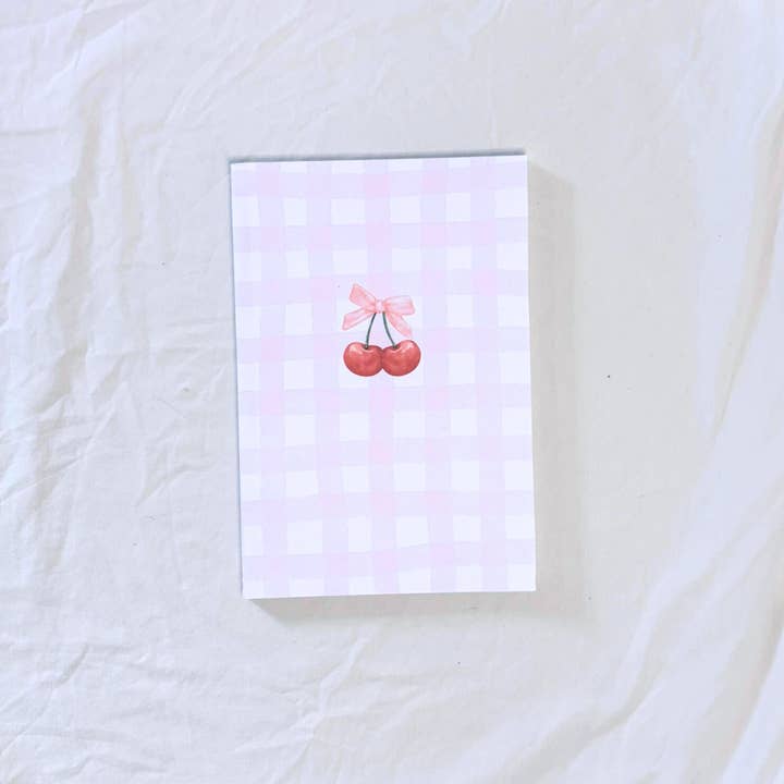 Wonky Paper Co - Wholesale Notebook - Handmade A5 Pink Check Notebook With Cherry Bow & Dot Grid