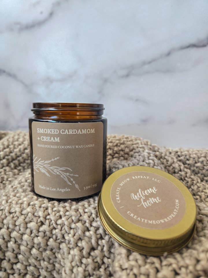 Smoked Cardamom + Cream - coconut wax candle for wholesale by Create. Meow. Repeat. LLC