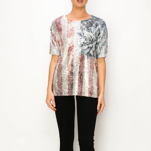 TOP DE MANGAS CURTAS COM LANTEJOULAS FORRADO-4638 PRATEADO/ROSA PATRIÓTICO por atacado de Origami Apparel ~ Lace and Crochet inspired