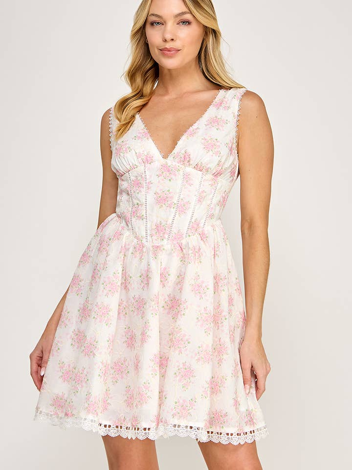 Floral Lace-Trim Corset Mini Dress for wholesale by Genzy Clothing