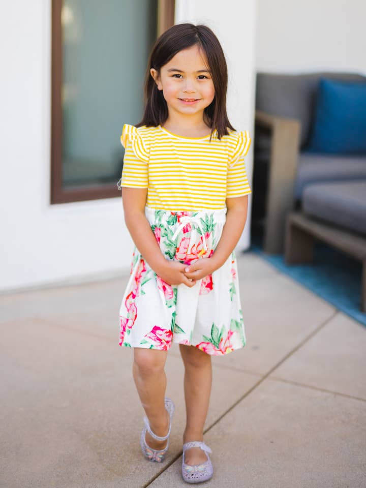 Tickled Teal - Wholesale Dress - Kids - Girls Stripe Floral Ruffle Dress