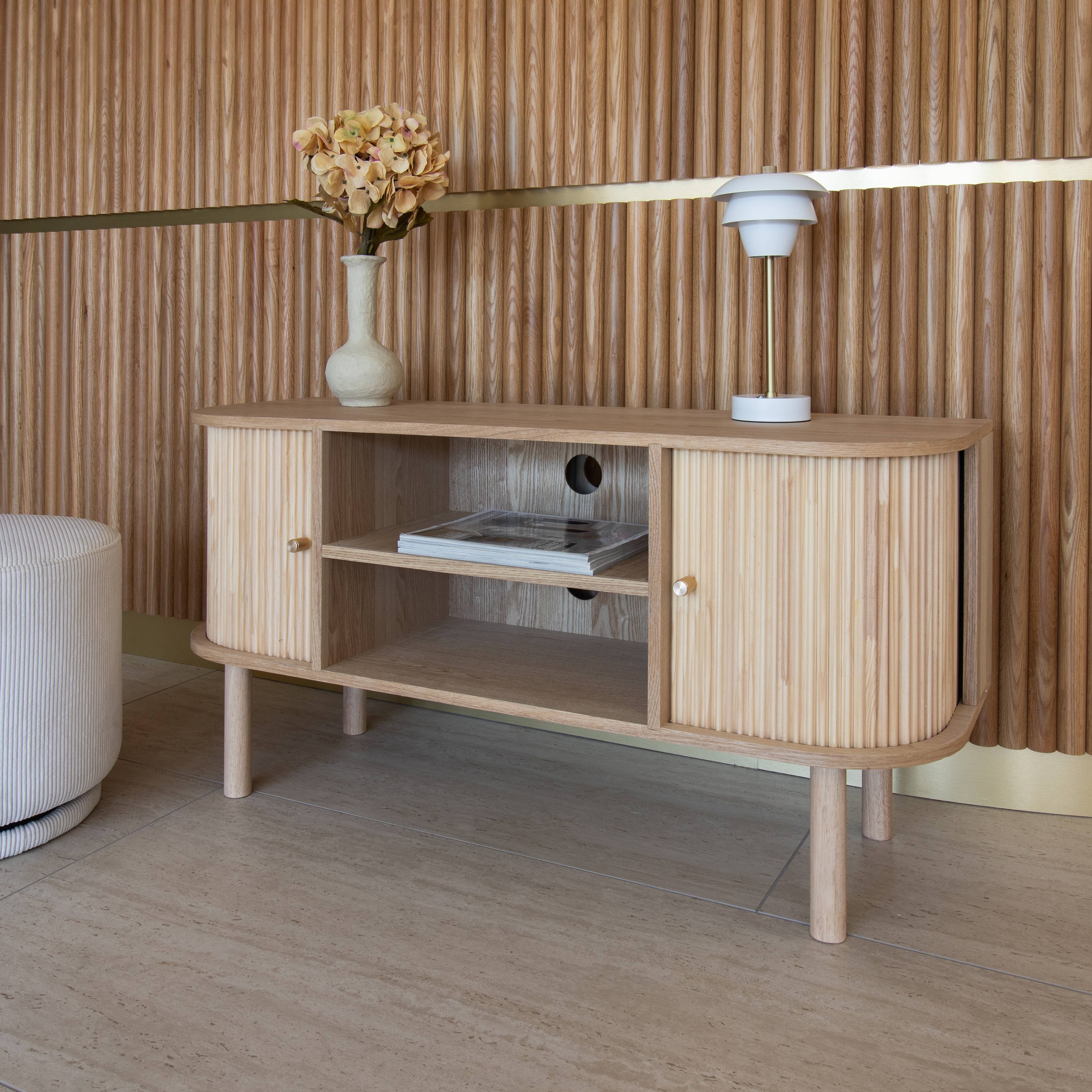 Now's Home - Wholesale Console Table - NATURAL PINE WOOD TV STAND WITH DOORS 110X39X55CM HECTOR1