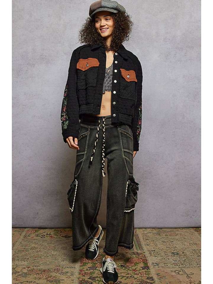 Pol Clothing - Wholesale Jacket - Women's - Vintage washed embroidered sleeve quilted jacket9