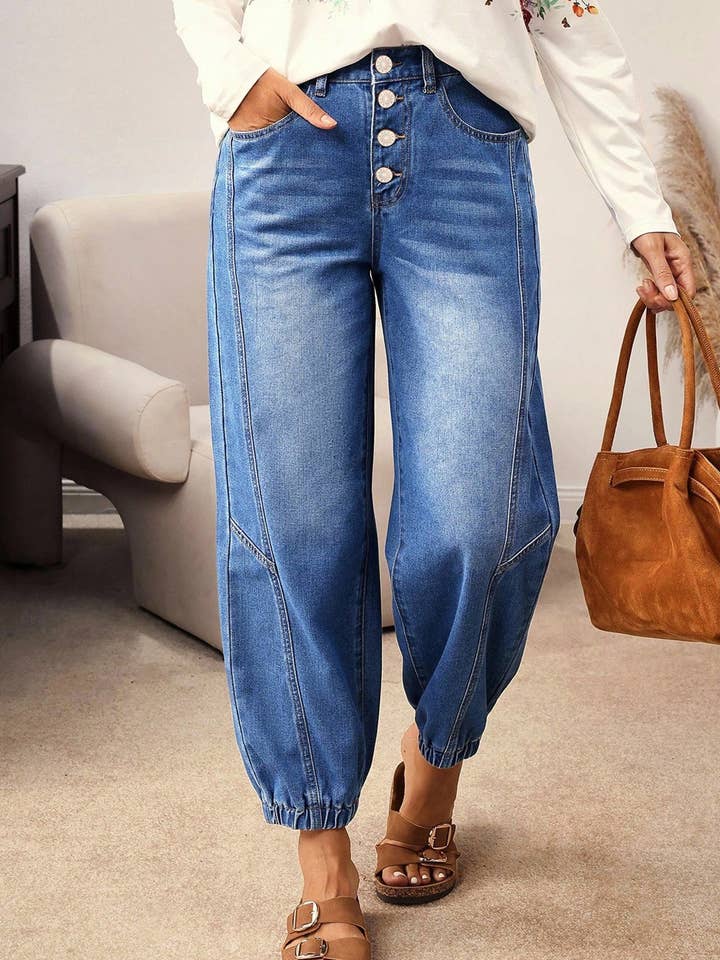 Denim Buttoned Fly Tapered Barrel Leg Jeans for wholesale by PRETTY BASH