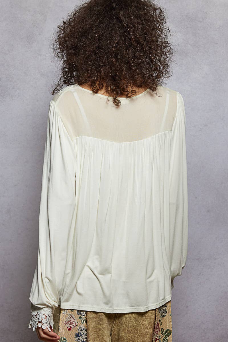 Pol Clothing - Wholesale Blouse - Women's - Long Sleeve Contrast Floral Lace Crochet V-Neck Top15