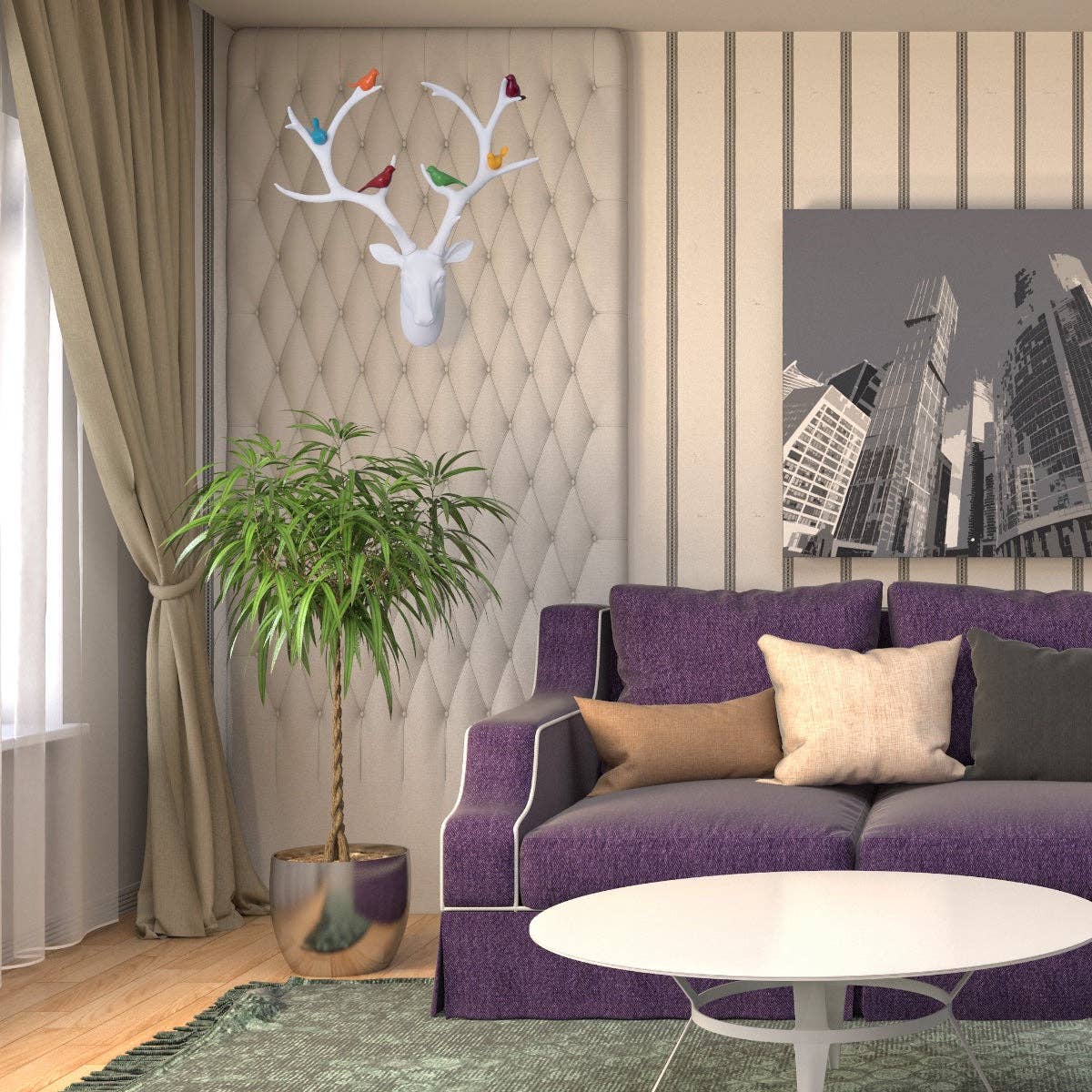 Bentley & Bo - Vente Décoration murale - Tête de cerf blanche avec oiseaux colorés3