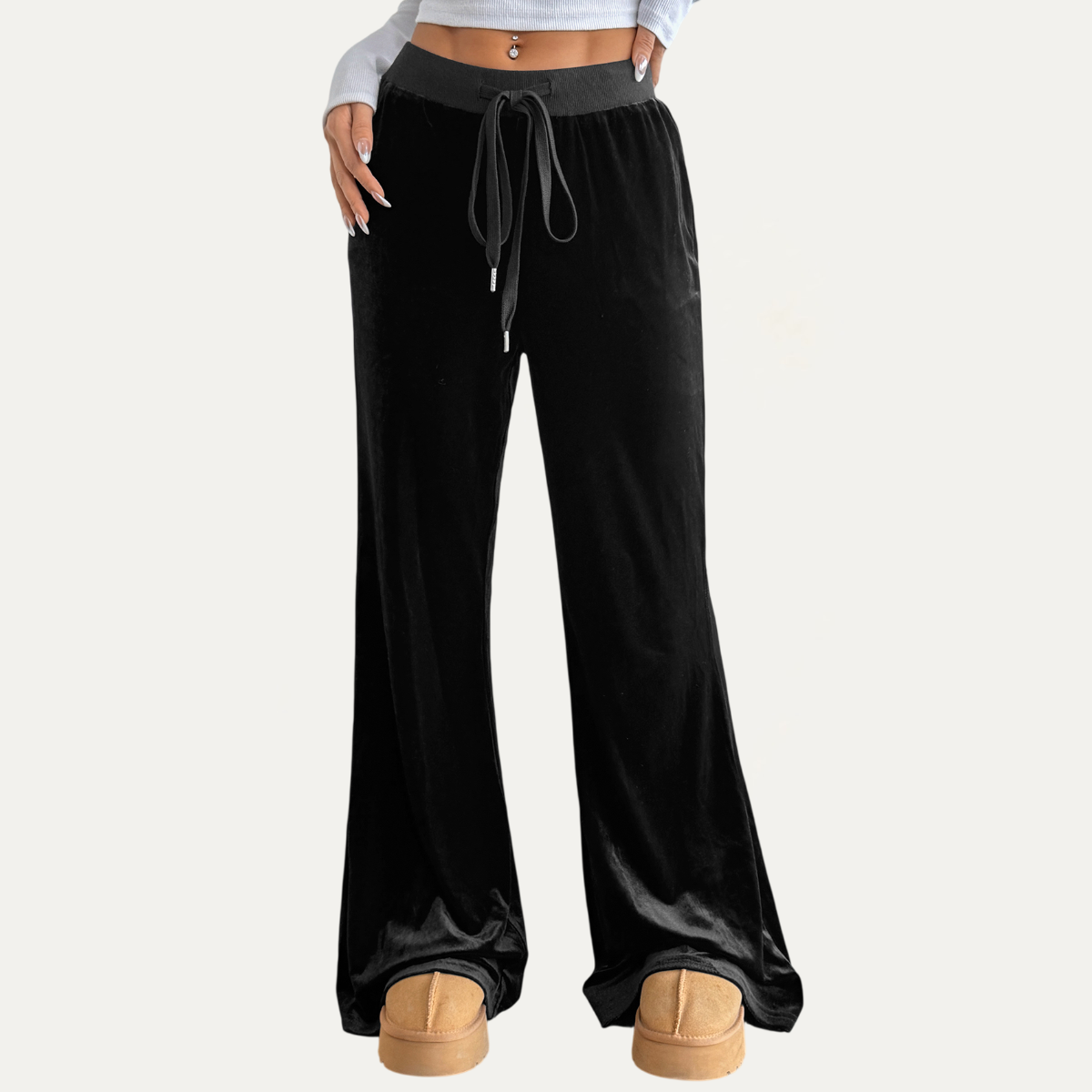 Preto Calças Confortáveis de Veludo Preto de Cintura Alta e Pernas Largas para venda a revendedores na Faire5
