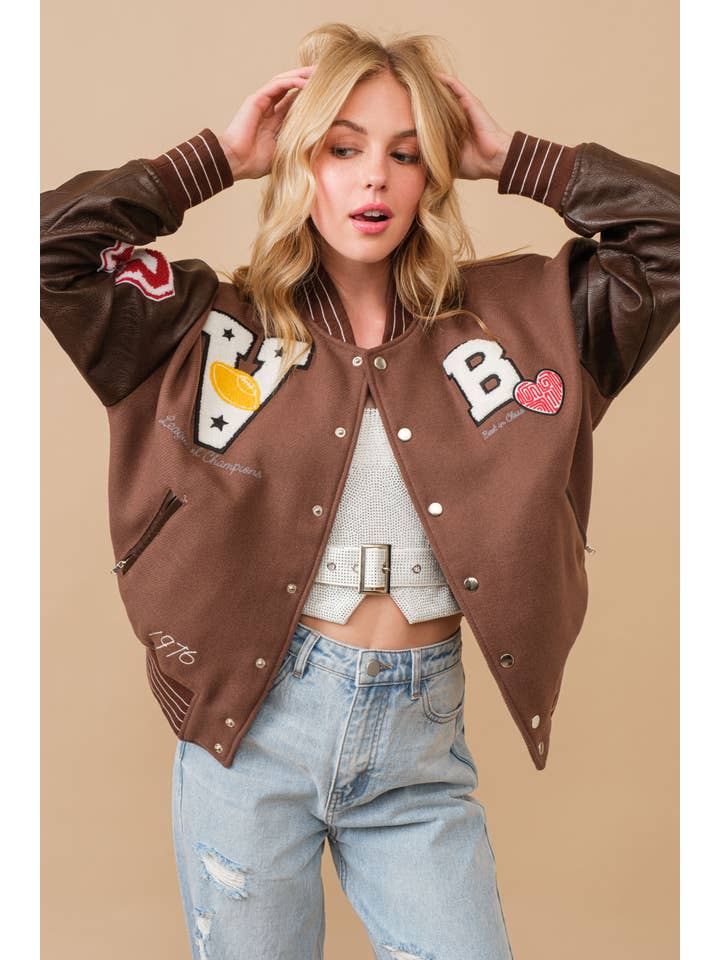 Blue B - Wholesale Varsity/Baseball Jacket - Women's - 50076J-Boucle Patches Faux Leather Letterman Varsity Jacket