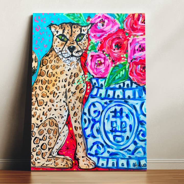 Leopard Ginger Jar Canvas Print - Floral Bouquet Art Painting for wholesale by Audra Style