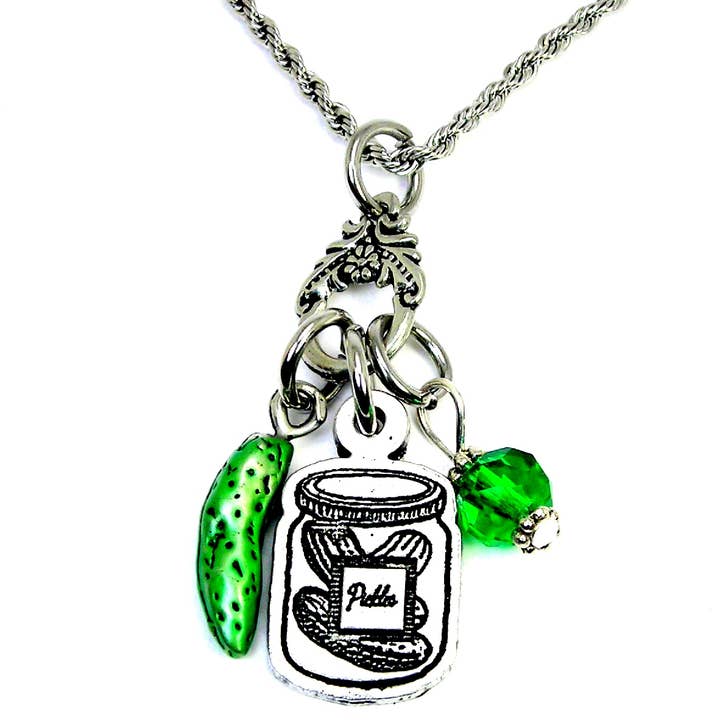 Chubby Chico Charms - Wholesale Pendant/Charm Necklace - Jar of pickles Green pickle charm holder necklace