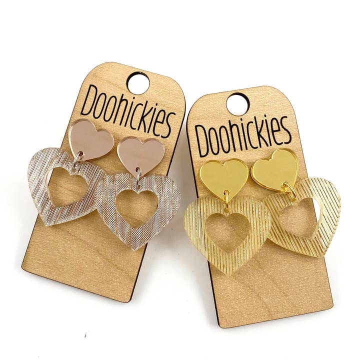 Shimmer Rain Double Cut Out Heart Acrylic Dangles Valentines Earrings for wholesale by Doohickies