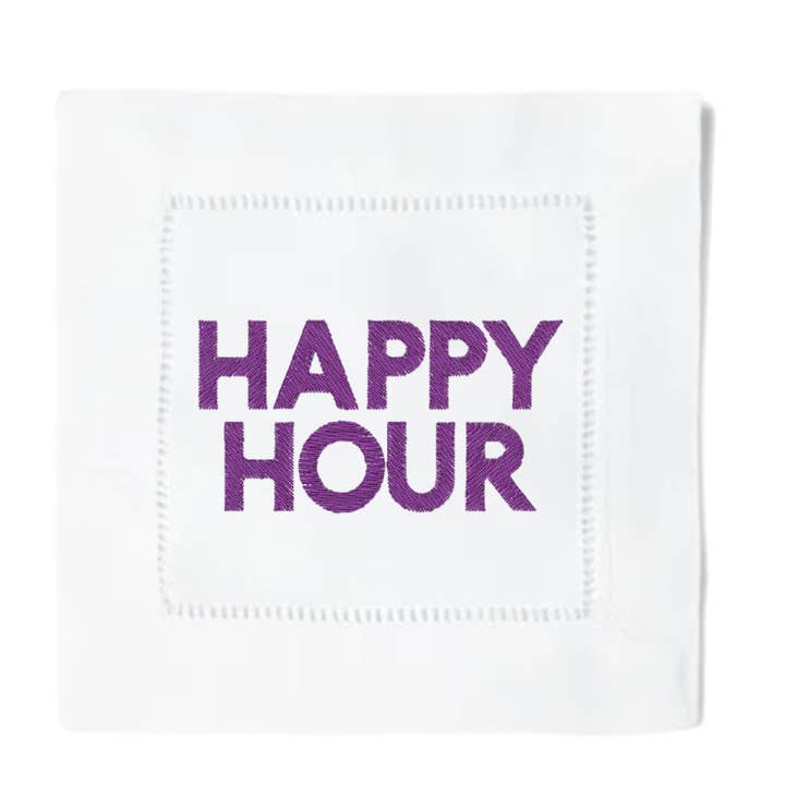 Happy Hour Cocktail Napkins for wholesale by Blythe Embroidery Co.