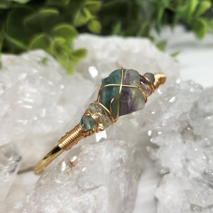 Meraki Gemstones - Wholesale Cuff Bracelet - Rainbow Fluorite/R. Fluor.Rough Gemstone Wire Wrapped Bangle3