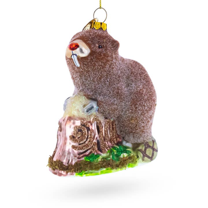 Beaver Holding a Log Glass Ornament for wholesale by BestPysanky