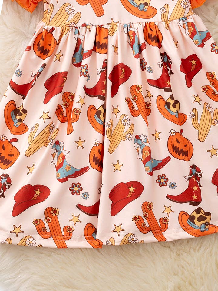 Kids Charm Online - Wholesale Dress - Kids - Halloween pumpkin printed wester dress. DRG54388 JEAN1