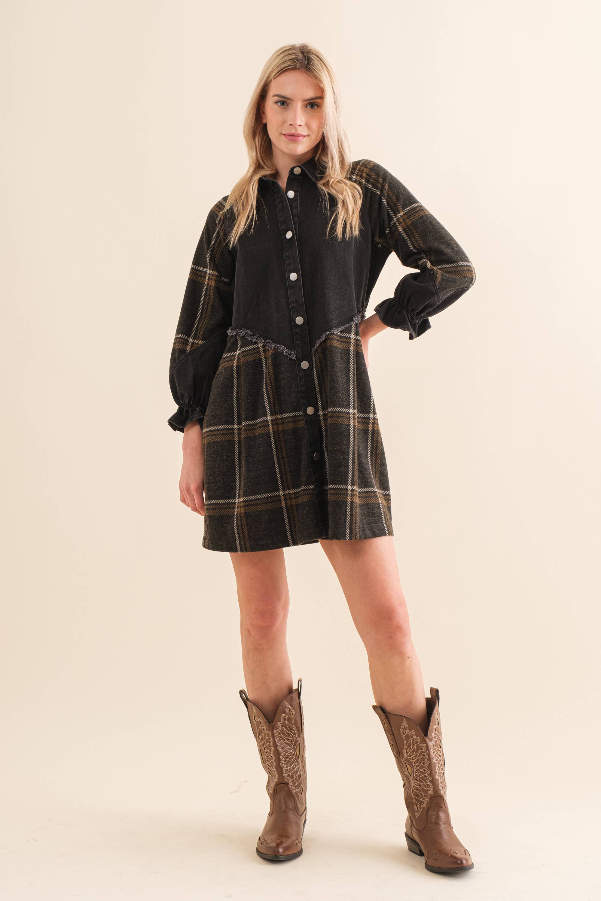 SCHWARZ Denim-Mix Hemdblusenkleid mit gebürstetem Karomuster für den Großhandel auf Faire3