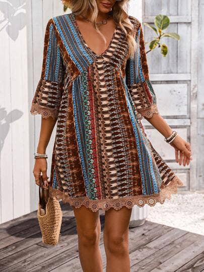 Rosa Clothing - Wholesale Dress - Women's - Bohemian Chic V-Neck Striped Print Lace Trim Dress0