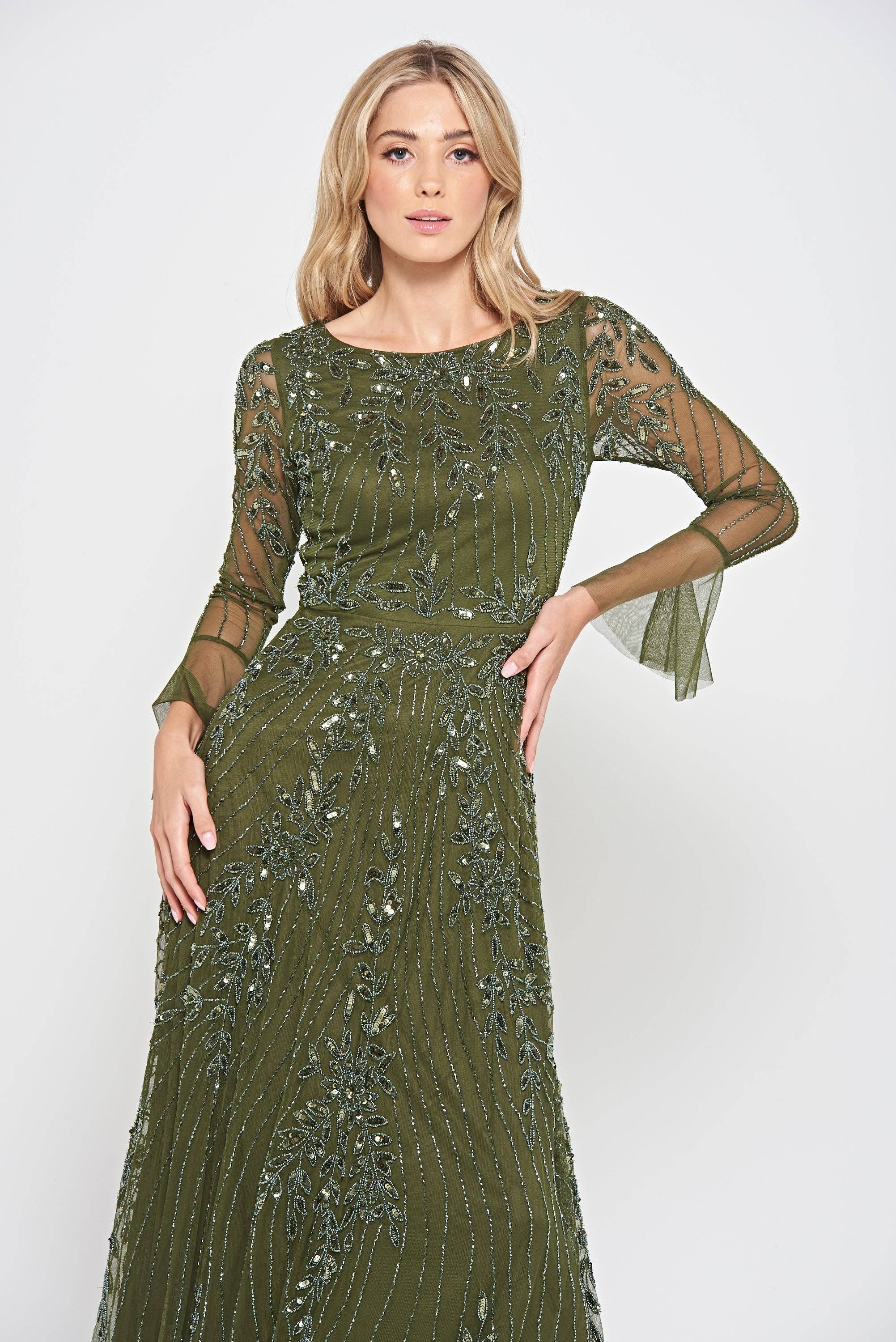 Jora Olive Embellished Maxi Dress for wholesale on Faire4