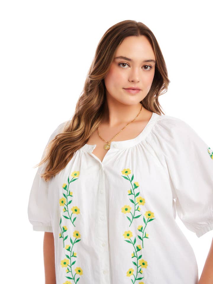 Plus Size Puff Sleeve Embroidered Peasant Top for wholesale by Karen Kane