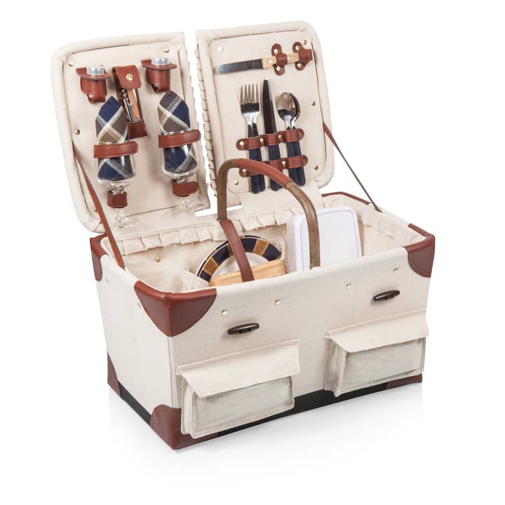 Beige Canvas with Navy Blue Brown Accents Pioneer Picnic Basket for wholesale on Faire2