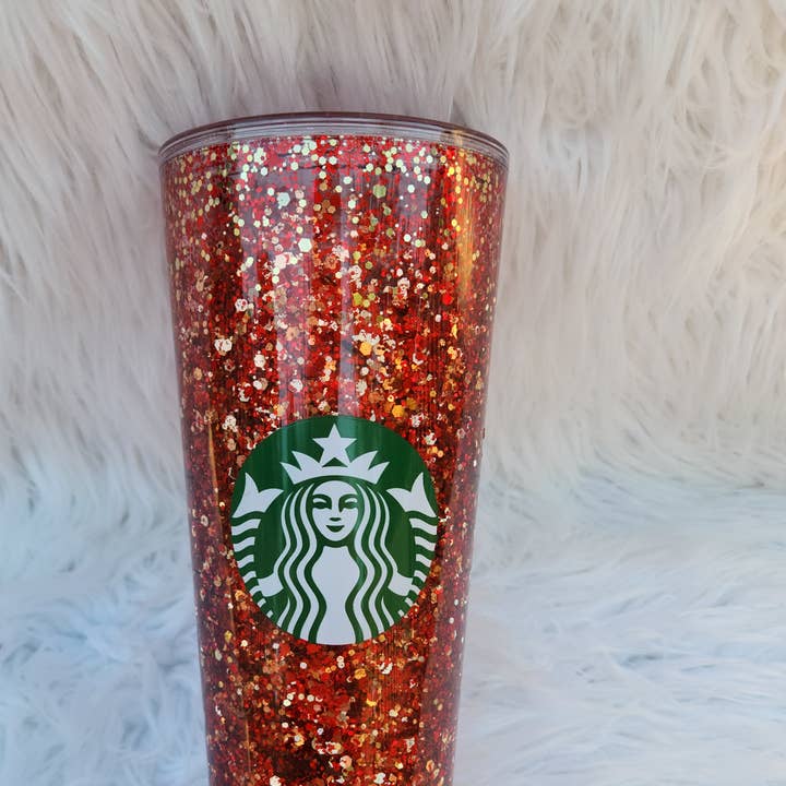 GDesignstees – wholesale Isolerade dryckesvaror – Röd & Guld Snowglobe Tumbler, Glitter Tumbler, Kaffemugg0