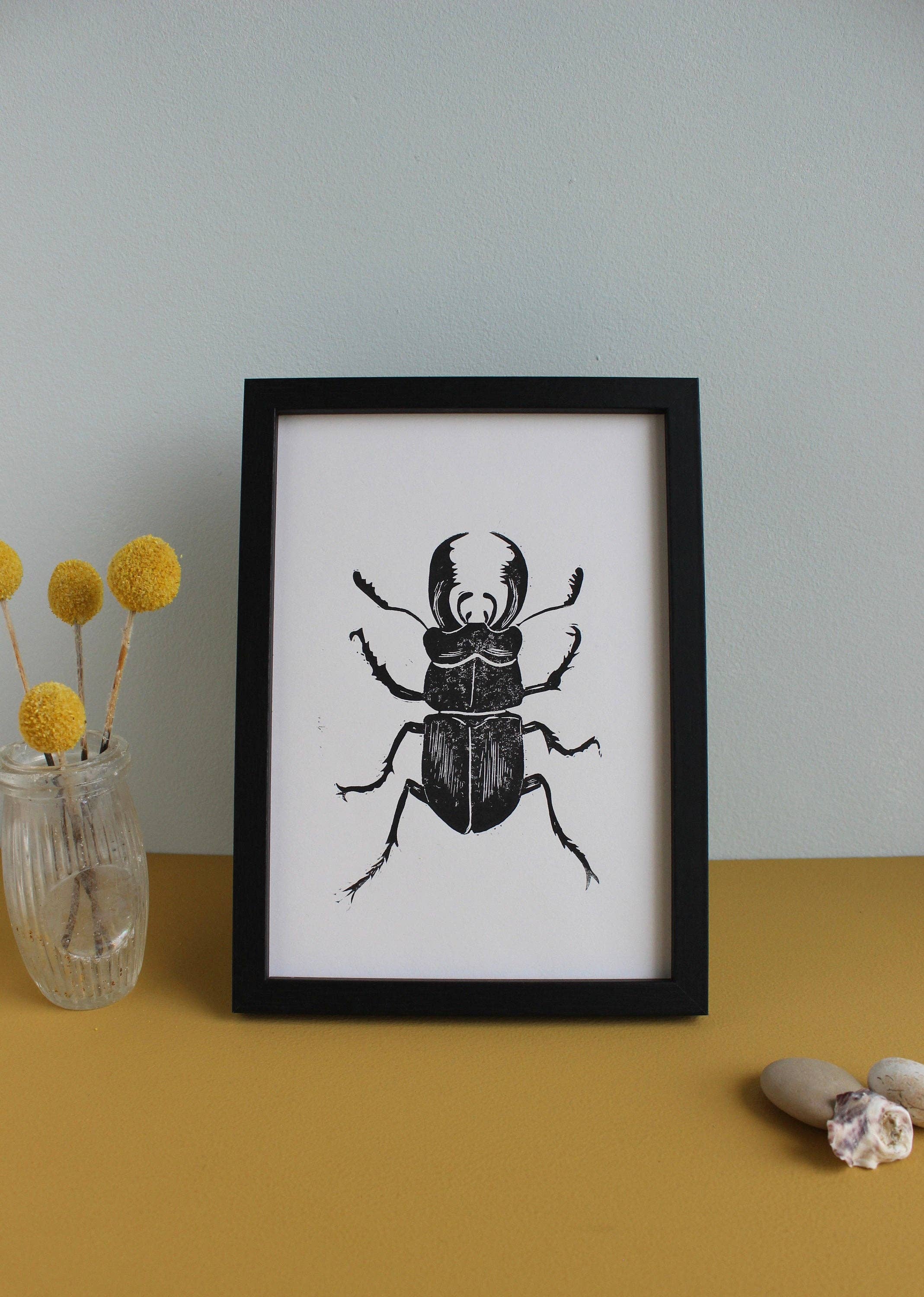 Jackdaw and Bear - Wholesale Art print - Stag Beetle Lino hand printed insect linocut print8