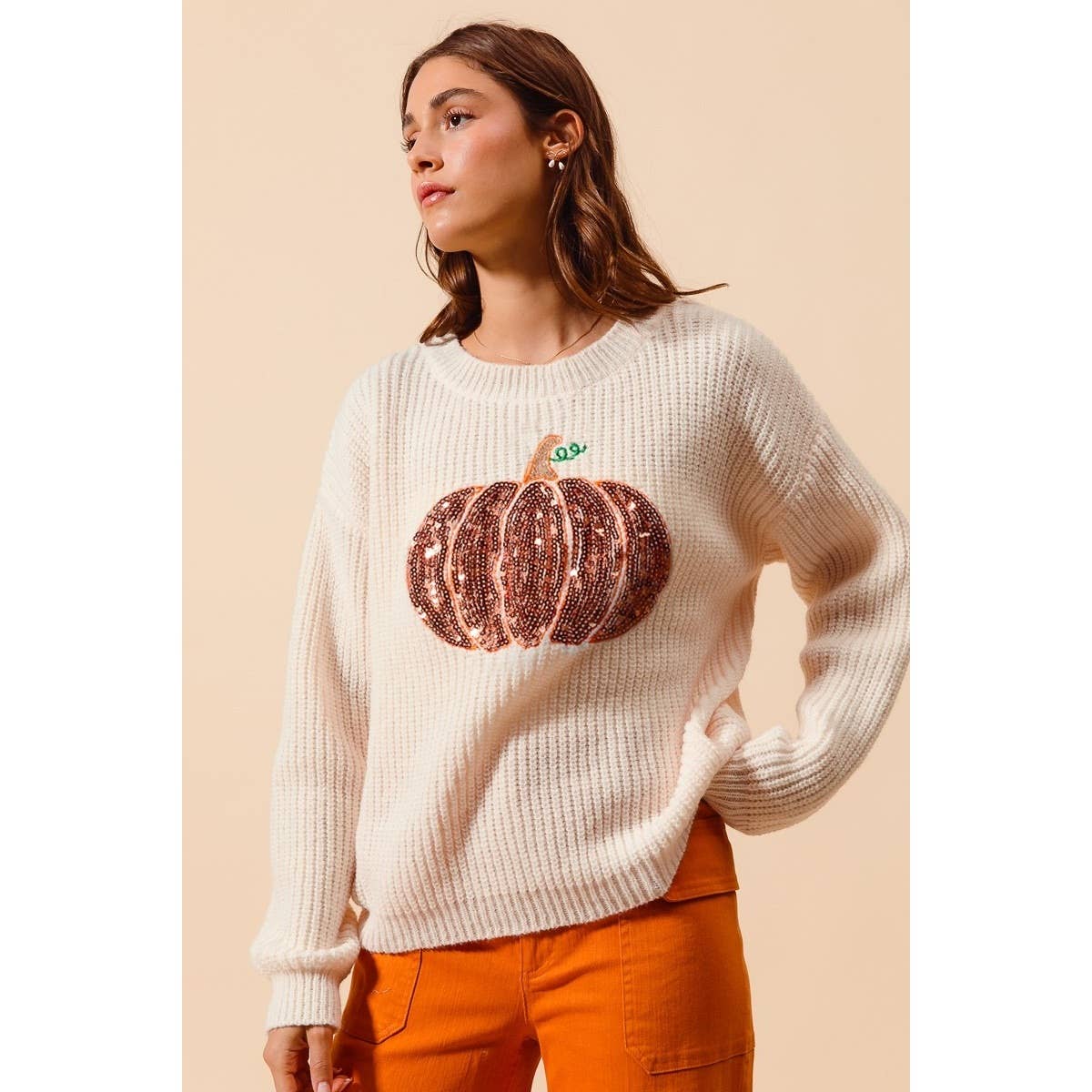 OATMEAL Sequin Pumpkin Halloween Thanksgiving Sweater Top for wholesale on Faire5