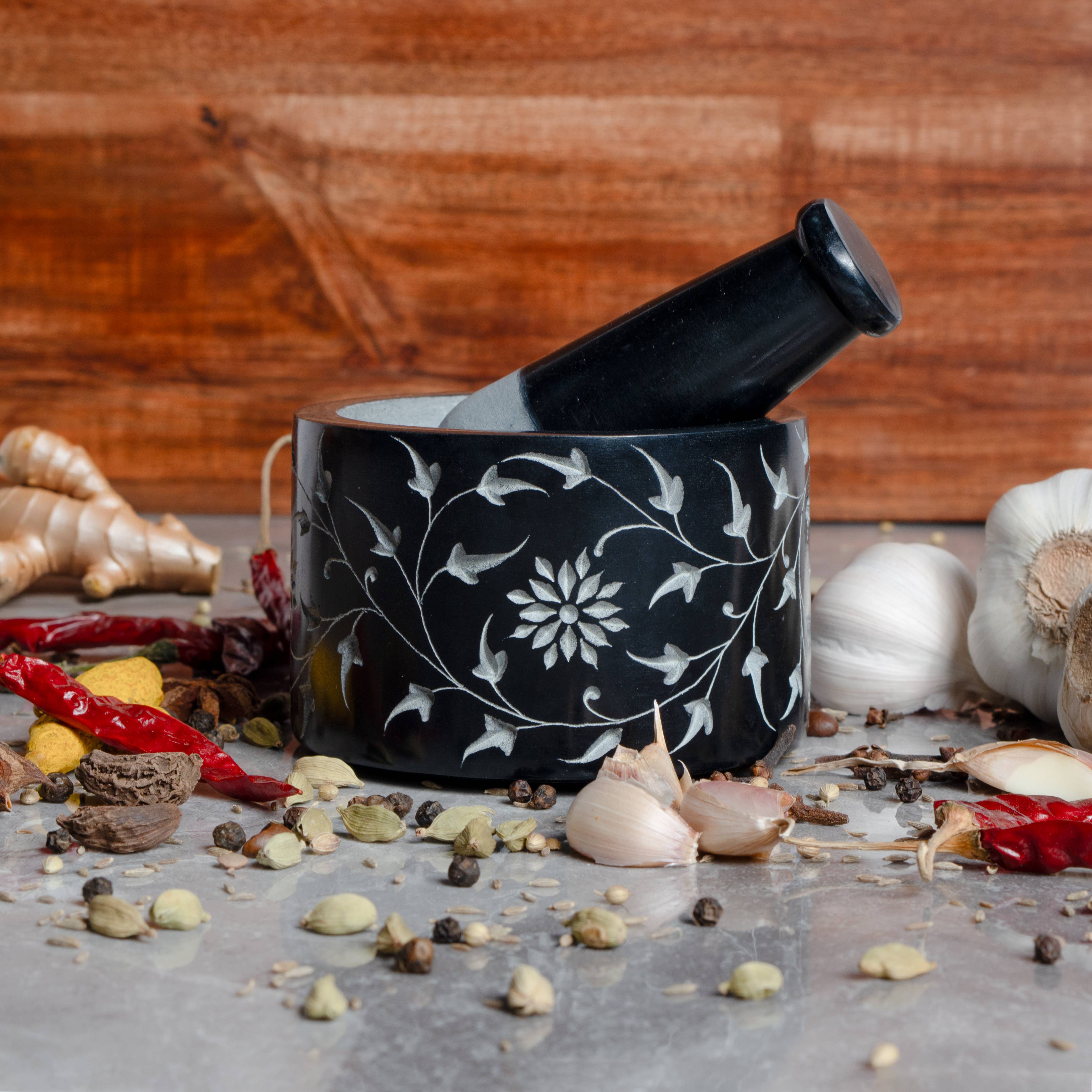 Valor Home Goods - Wholesale Mortar & pestle - Floral Leaf Mortar & Pestle - Hand-Carved Spice Crusher7