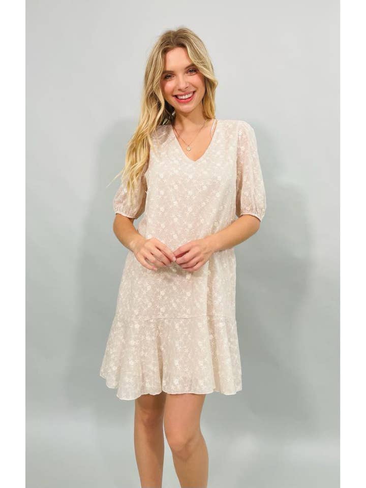Beige Made in USA - Embroidered V Neck Short Sleeve Dress for wholesale on Faire1