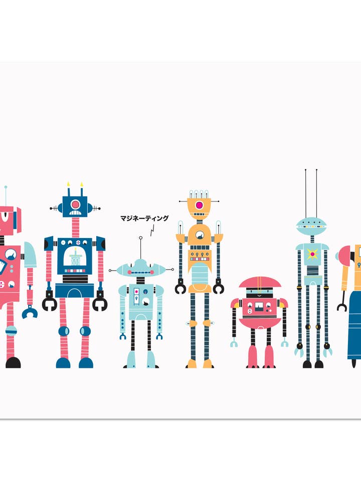 Art Print, Kids | 28.5"x10" | MEGA-long Robot Lineup for wholesale by Maginating