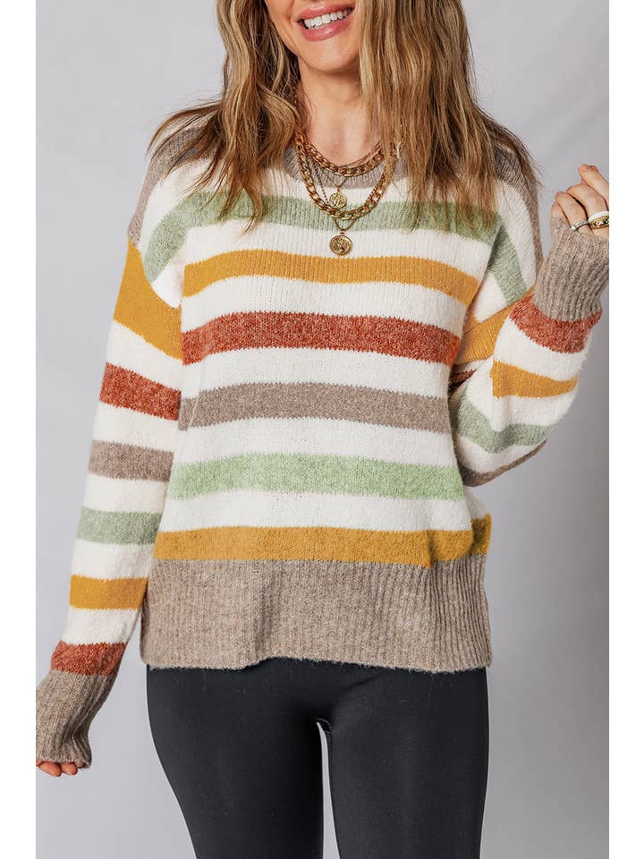 Multicolour Stripe Colorblock Drop Shoulder Crewneck Sweater for wholesale on Faire4