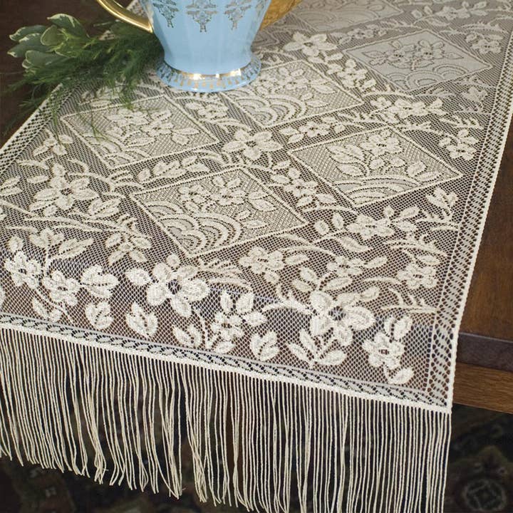 Contempo 14x102 Gold Lace Fringed Table Runner for wholesale by Heritage Lace
