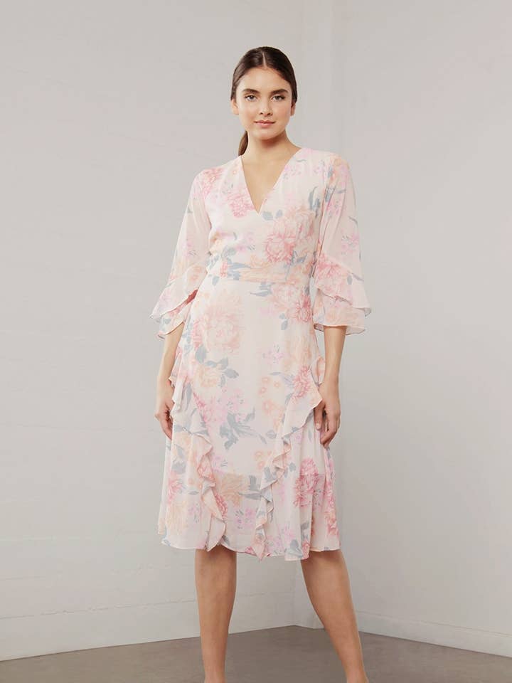Utopia Peach Flora Midi Dress for wholesale by SHILLATHELABEL