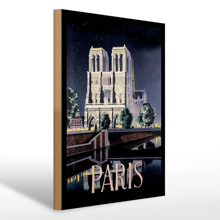 Houten bord Reizen 30x40 cm Parijs Kathedraal bij Nacht Decoratie Bord voor wholesale door Femer