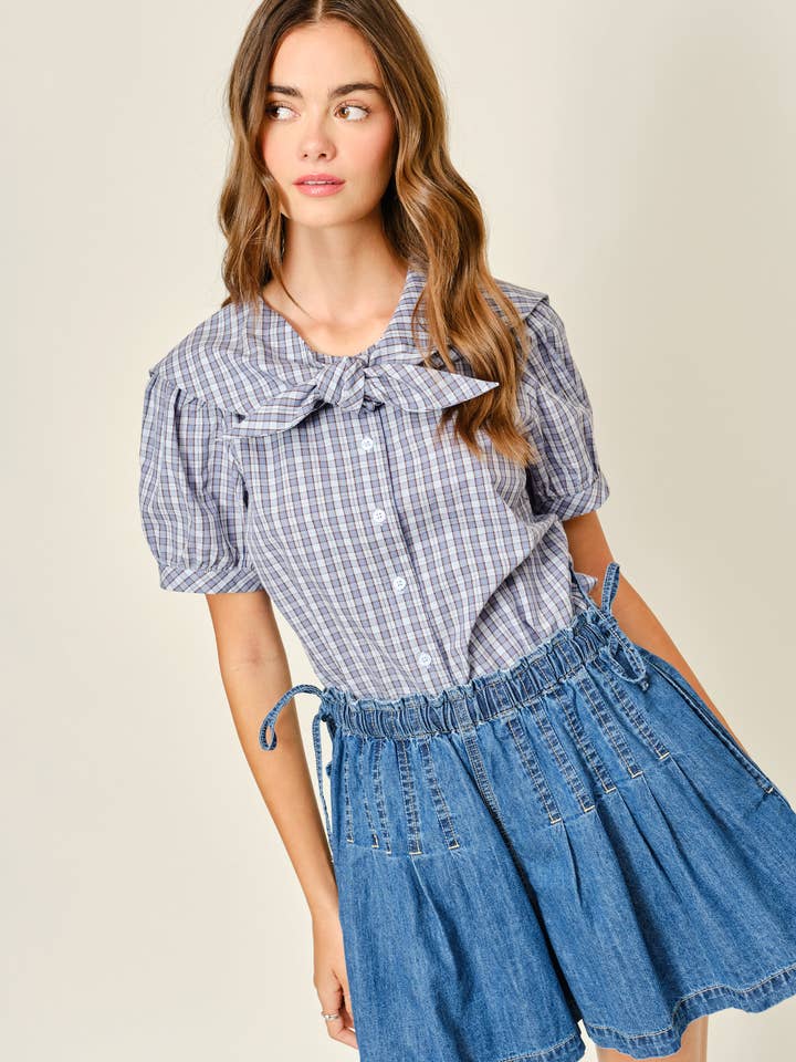 AJT5769 CAMICETTA A QUADRI CON COLLETTO E MANICHE A SBUFFO per la vendita all'ingrosso da parte di Aaron & Amber