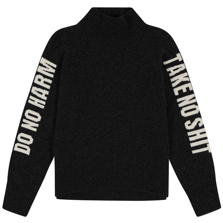 Do No Harm Take No Shit Merino Funnel Jumper in Anthracite for wholesale by Black & Beech