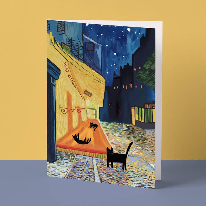 Carte artistique Chats sur la terrasse la nuit pour la vente par Niaski - Feline Fine Art (USA DUTIES PAID)