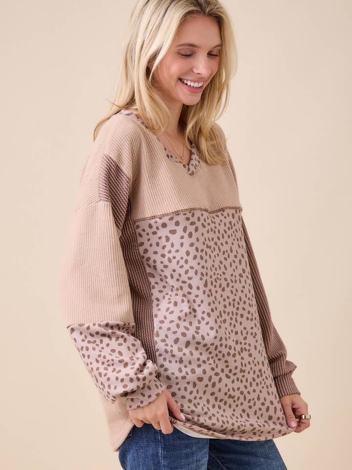 Celeste Clothing - Wholesale Knit Top - Women's - WOMEN'S RIB COLOR BLOCK ANIMAL PRINT LONG SLEEVE TOP42