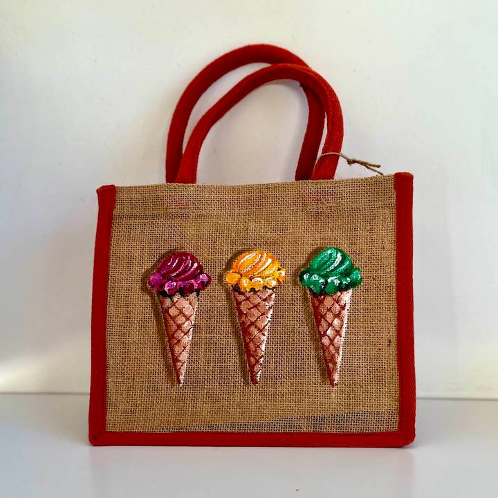 Pequeno saco em juta crua, cones de gelado pintados à mão por atacado de Elles et No.