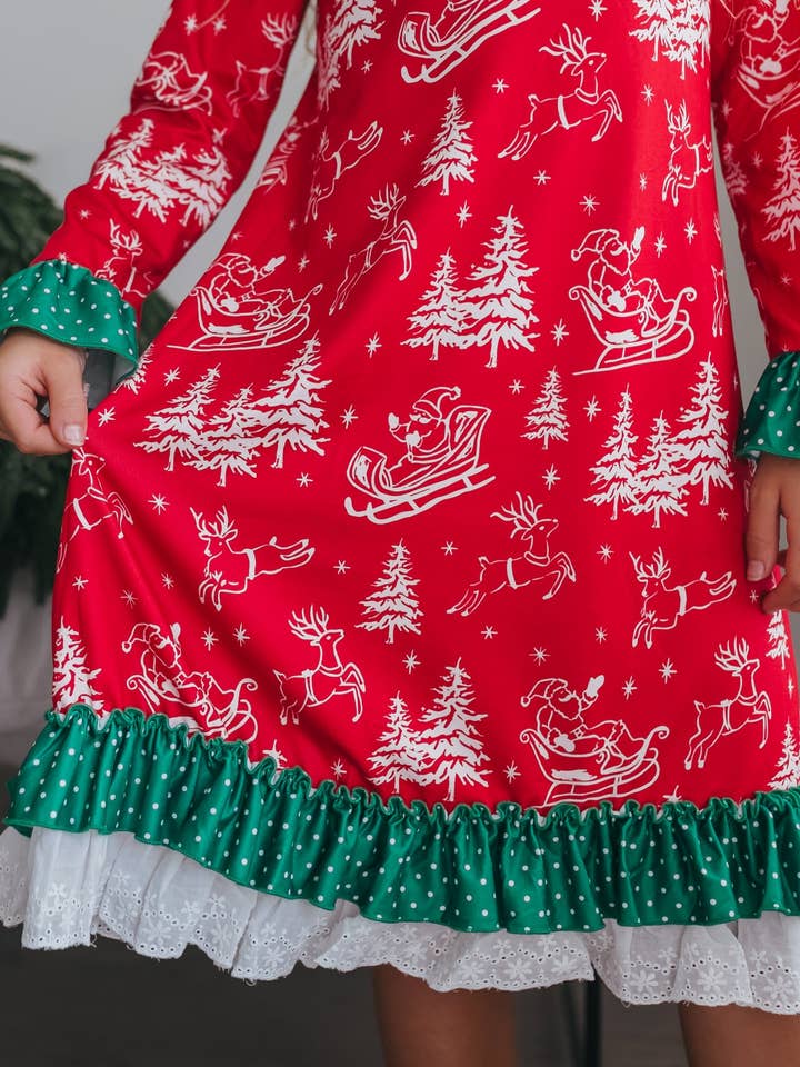 Kids Santa Sled Polka Dot Christmas Ruffle Lounge Play Gown for wholesale by Oopsie Daisy